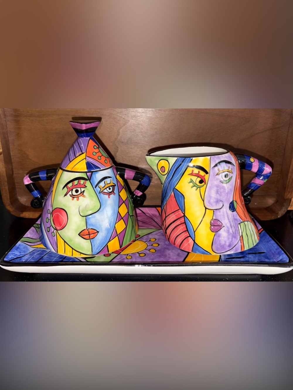 Muzeum Hand Painted Abstract Face Creamer & Lidded Sugar Bowl w/ Tray Set